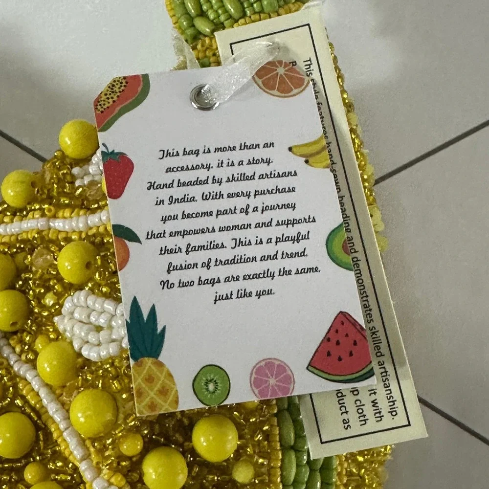Handcrafted Beaded Lemon Slice Hobo Bag Yellow Green Citrus Fruit Novelty NWT
